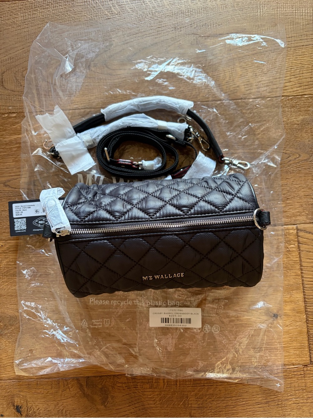 MZ Wallace Black Quilted Nylon Barrel Shoulder Bag with Chain Strap - Picture 6 of 8